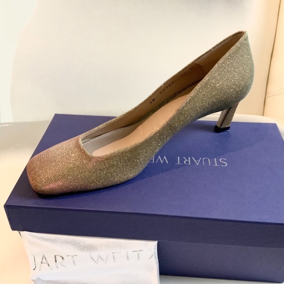 Stuart Weitzman Chelsea Gold Heel Pump Square Toe Dress Evening Fashion Shoe 8.5 - Picture 12 of 12